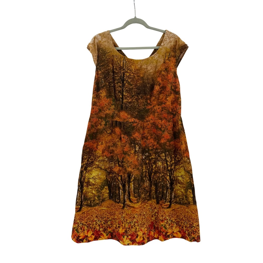 Retrolicious Autumn Forest Print Cotton Dress Orange Fall Foliage Plus Size 3X